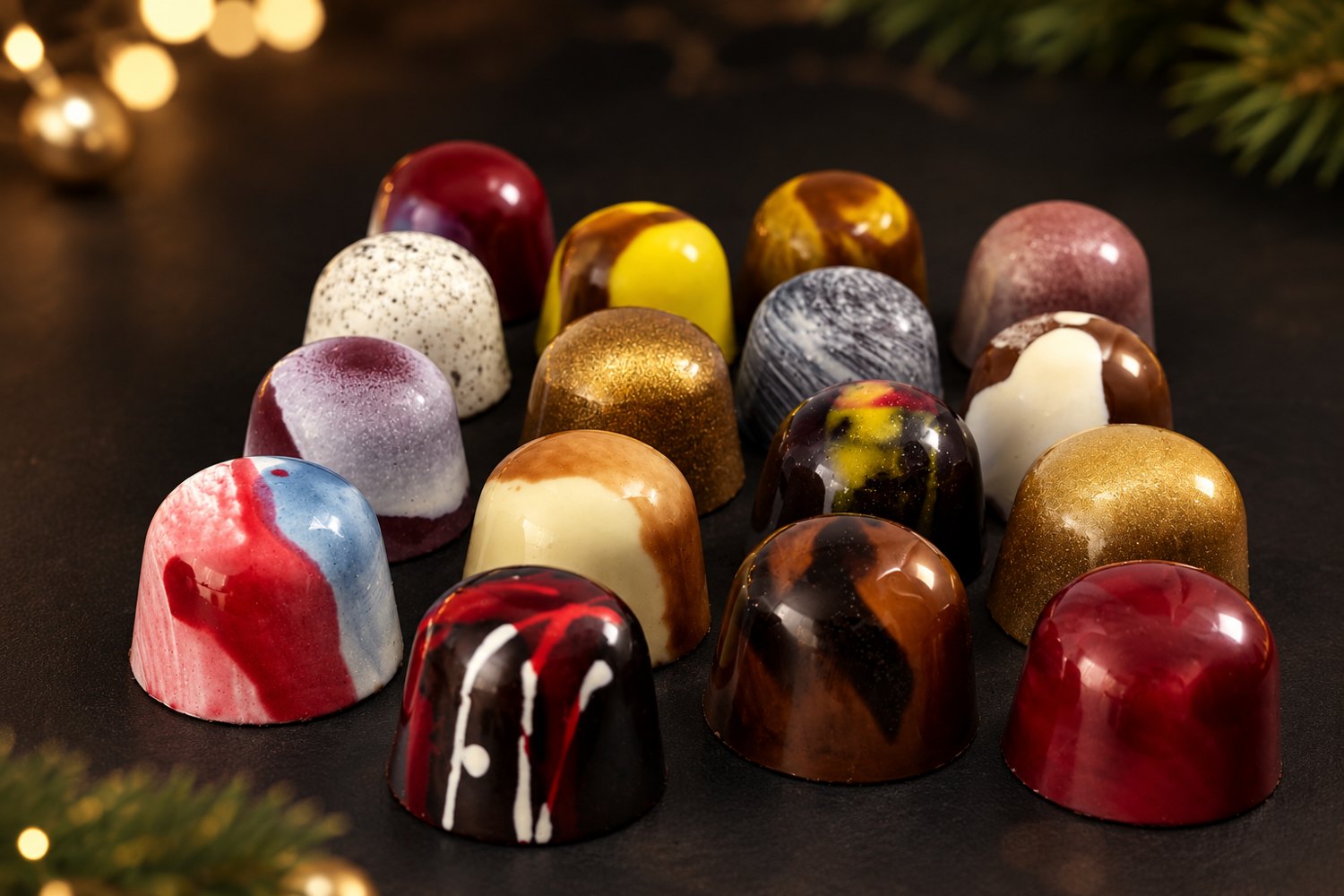 Onze kleurrijke ambachtelijke pralines op een donkere, feestelijke achtergrond